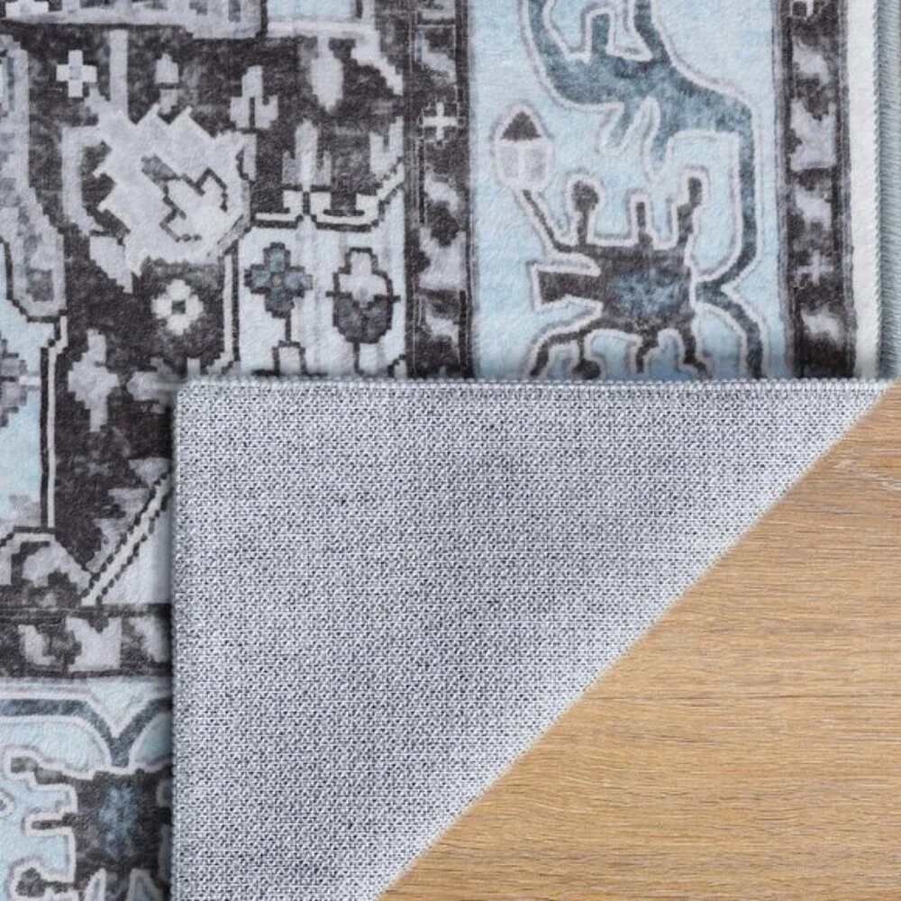 New 5x7 Blue Vintage Area Rug, Washable Low Pile Non-Slip Carpet for Living Room